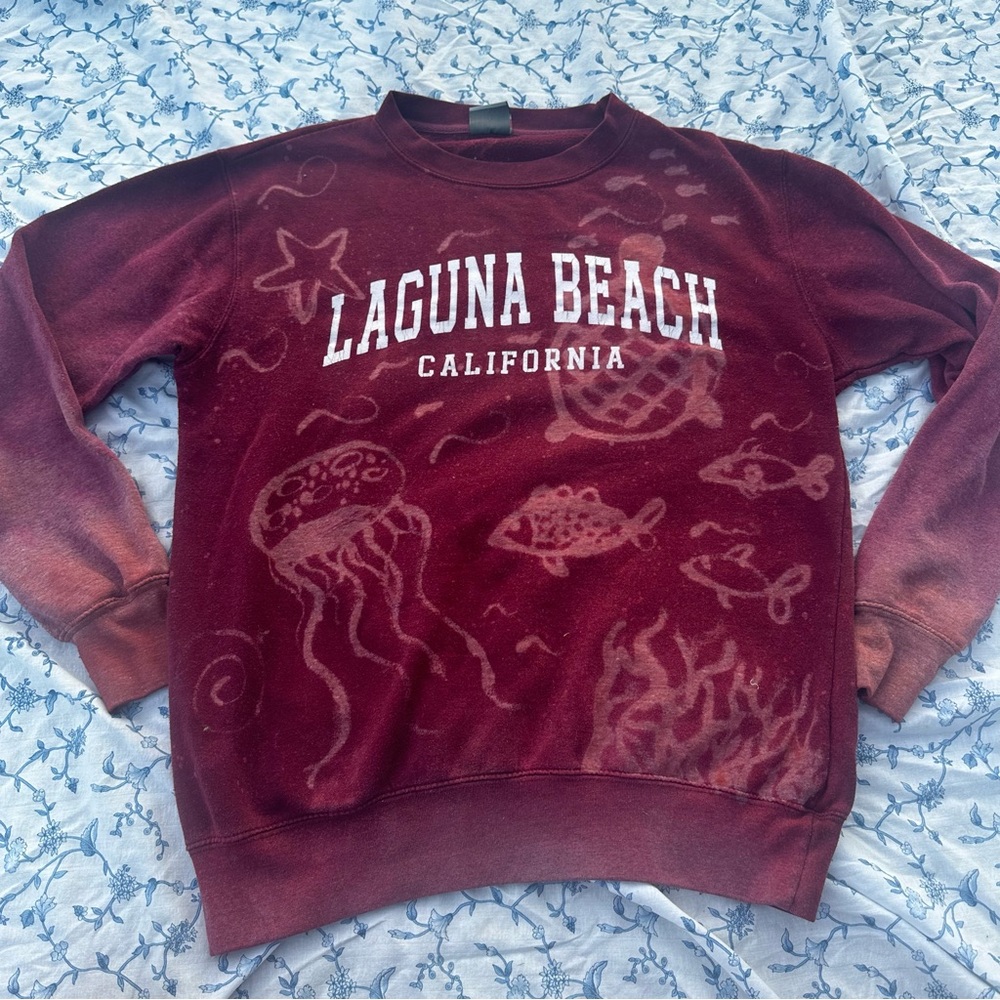 Bleach Dyed  Maroon Laguna Beach Crewneck Sweater-Upcycled